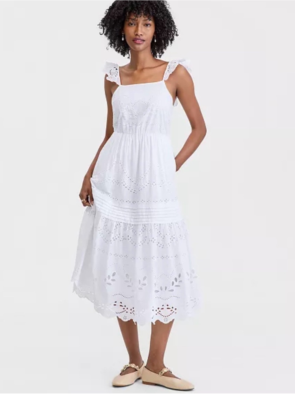 On 34th White Cotton Poplin Eyelet Pintucked Midi Dress Size Small